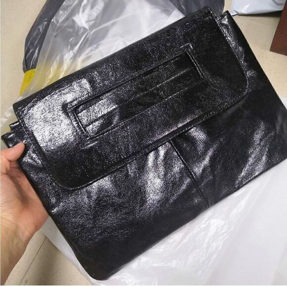 Shiny Black Boho Envelope Bag Vegan Leather